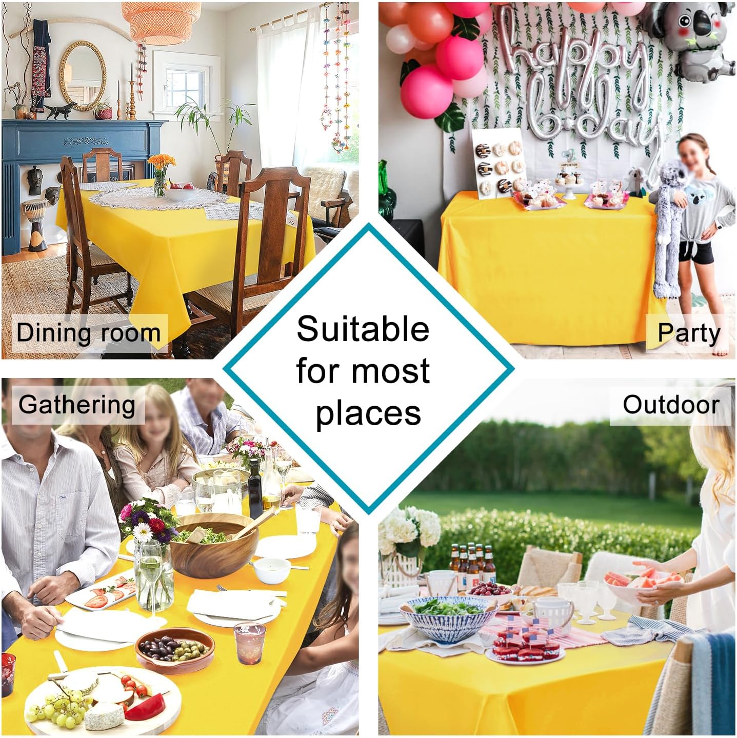 Hiasan Waterproof Tablecloth Rectangle - Washable Fabric Table Cloth for Dining Room Kitchen Birthday Party and Outdoor Use, Yellow, 60 x 140 Inch