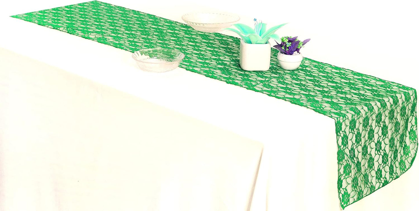 MDS Pack of 15 Wedding 12 x 108 inches Lace Table Runner for Wedding, Decorations for Birthday Parties, Banquets, Graduations, Engagements, and Runners fit Rectangle, Round Table- Green