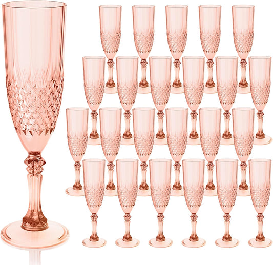 Plastic Champagne Flutes, 24PCS Rose Gold Wine Glasses Goblets Cups Reusable Flute, for Weddings Bachelor Parties Toasting and Events(24, Rose Gold)