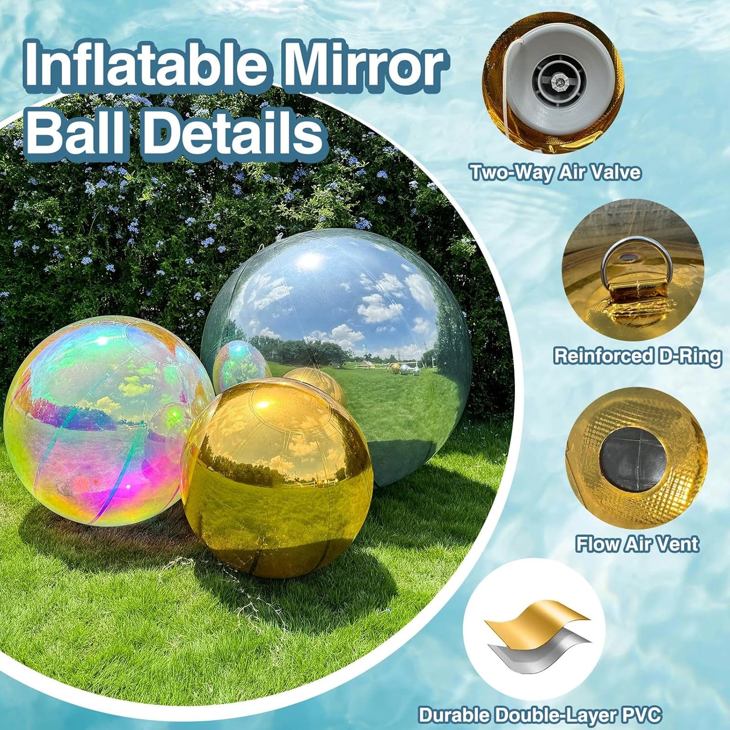 Inflatable Mirror Ball, Gold Big Shinny Balls Reusable Large PVC Disco Ball Balloon for Large Event Decoration, Party, Wedding Decor, Concerts, Stage (1 Pcs, 0.5m/19.7in with Air Pump)