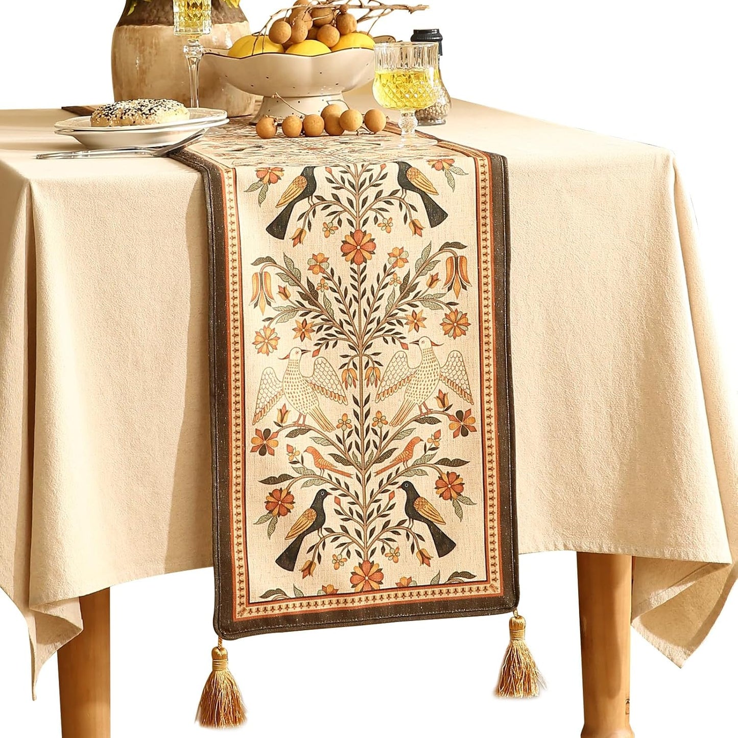 Vintage Linen Table Runner 87 Inches Long,Floral Print Italian Rustic Runner for Coffee Table Decor Tabletop Table Runners for Kitchen,Dining,Party,Home,Christmas,12"*87"