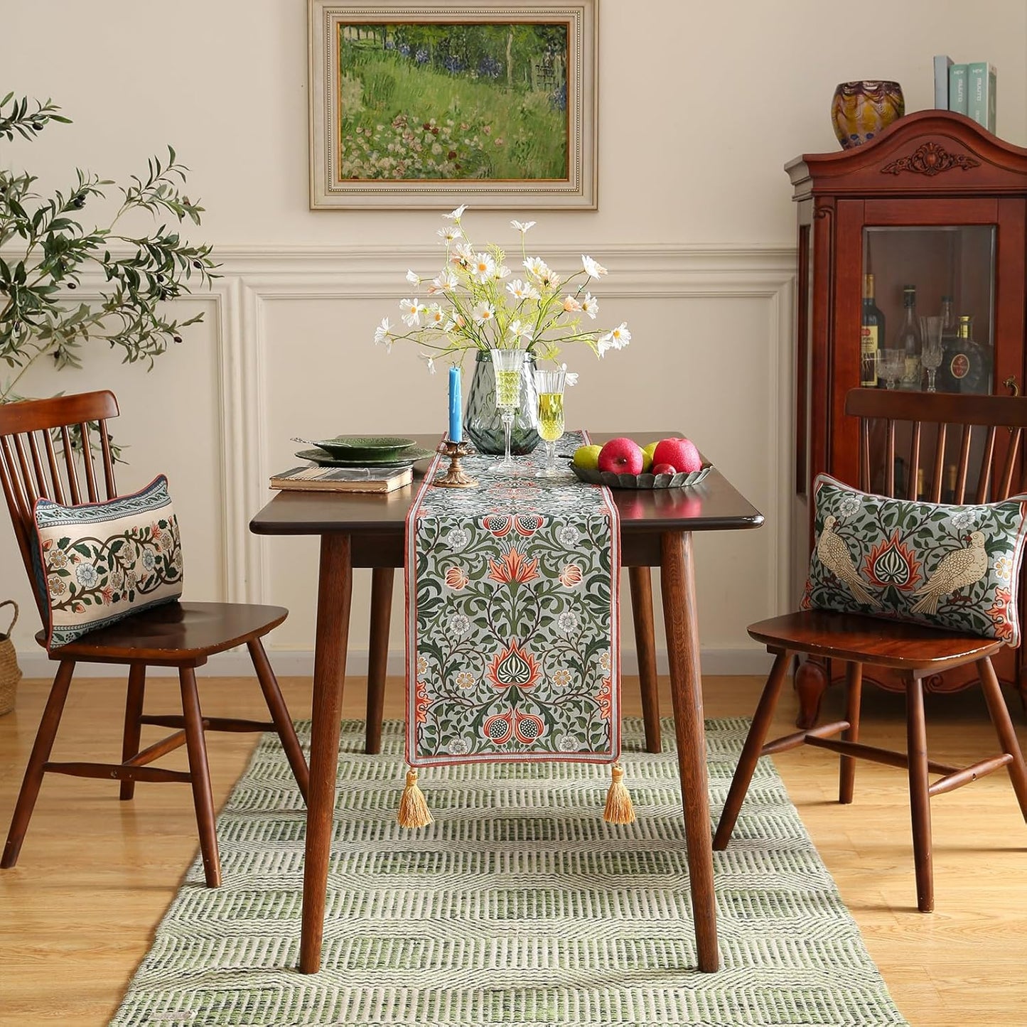 ISAENNE Designer French Green Elegant Linen Table Runner 102 Inches Long,Colorful Flower Pattern Soft Table Runners for Dining Tables,Thanksgiving,Kitchen Tables,Christmas,12"*102"-Naples B
