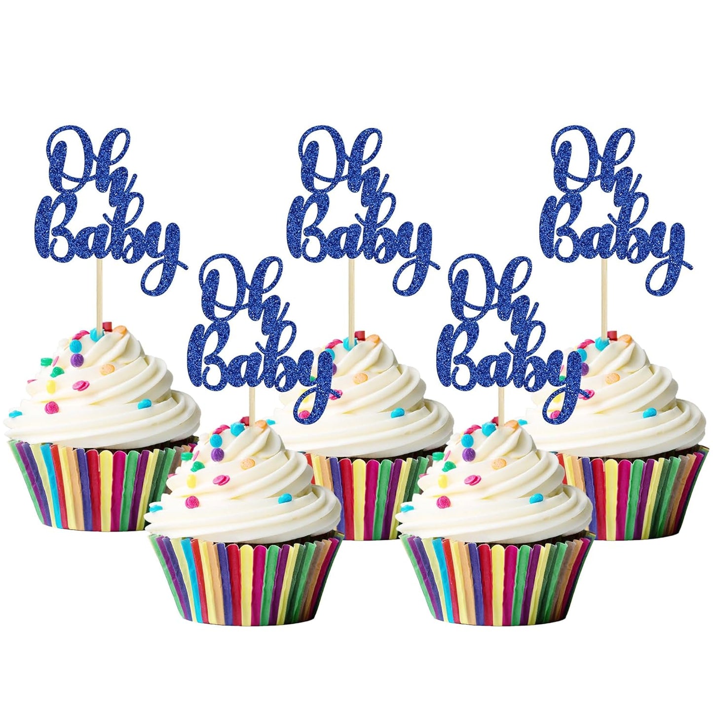 Gyufise 36Pcs Oh Baby Cupcake Toppers Glitter Baby Shower Oh Baby Cupcake Picks for Gender Reveal Baby Shower Kids Boys Girls Birthday Party Cake Decorations Supplies Dark Blue