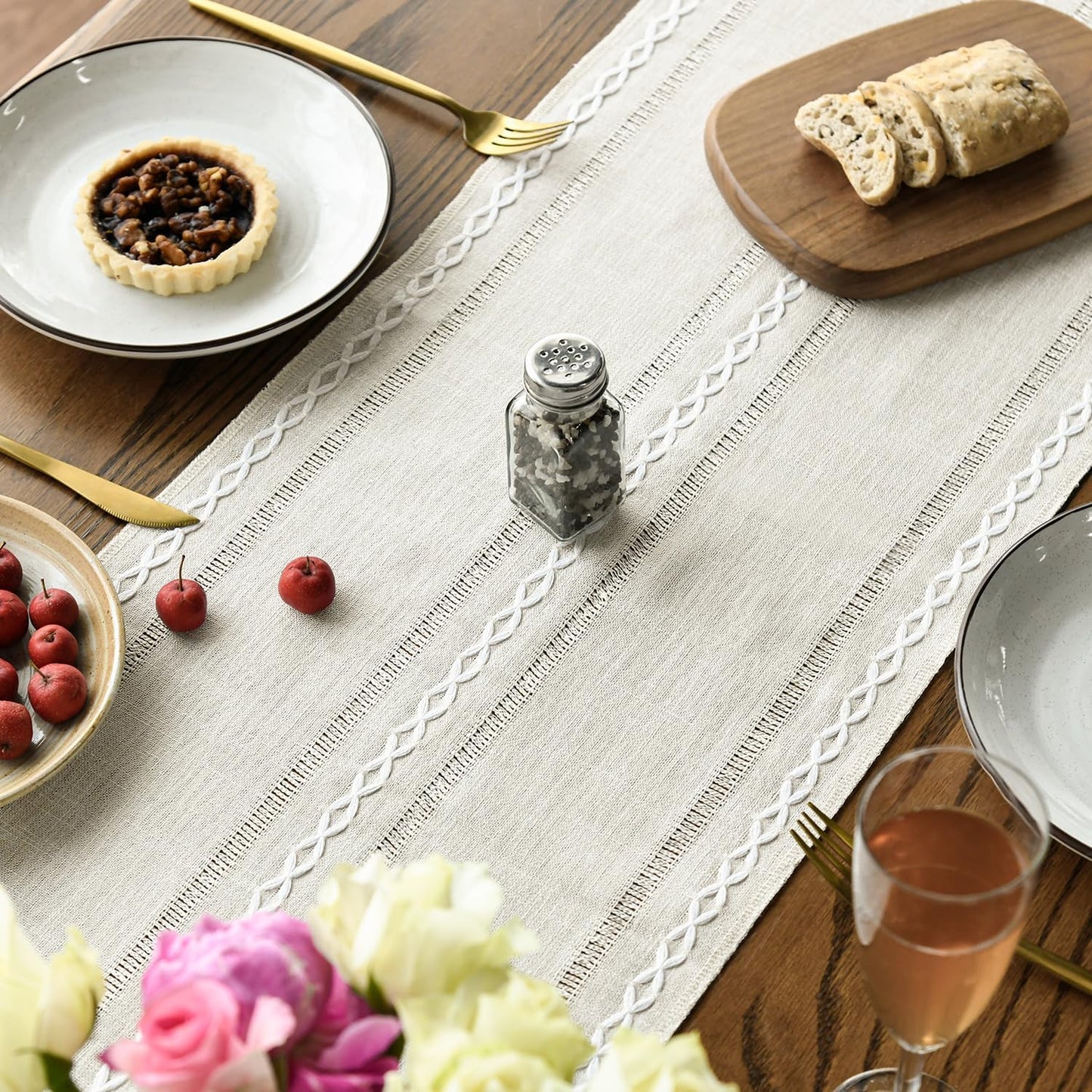 Artoid Mode Beige Rustic Cotton Linen Table Runner, Seasonal Embroidered Hollow Kitchen Dining Table Decoration for Home Party Decor 13x90 Inch
