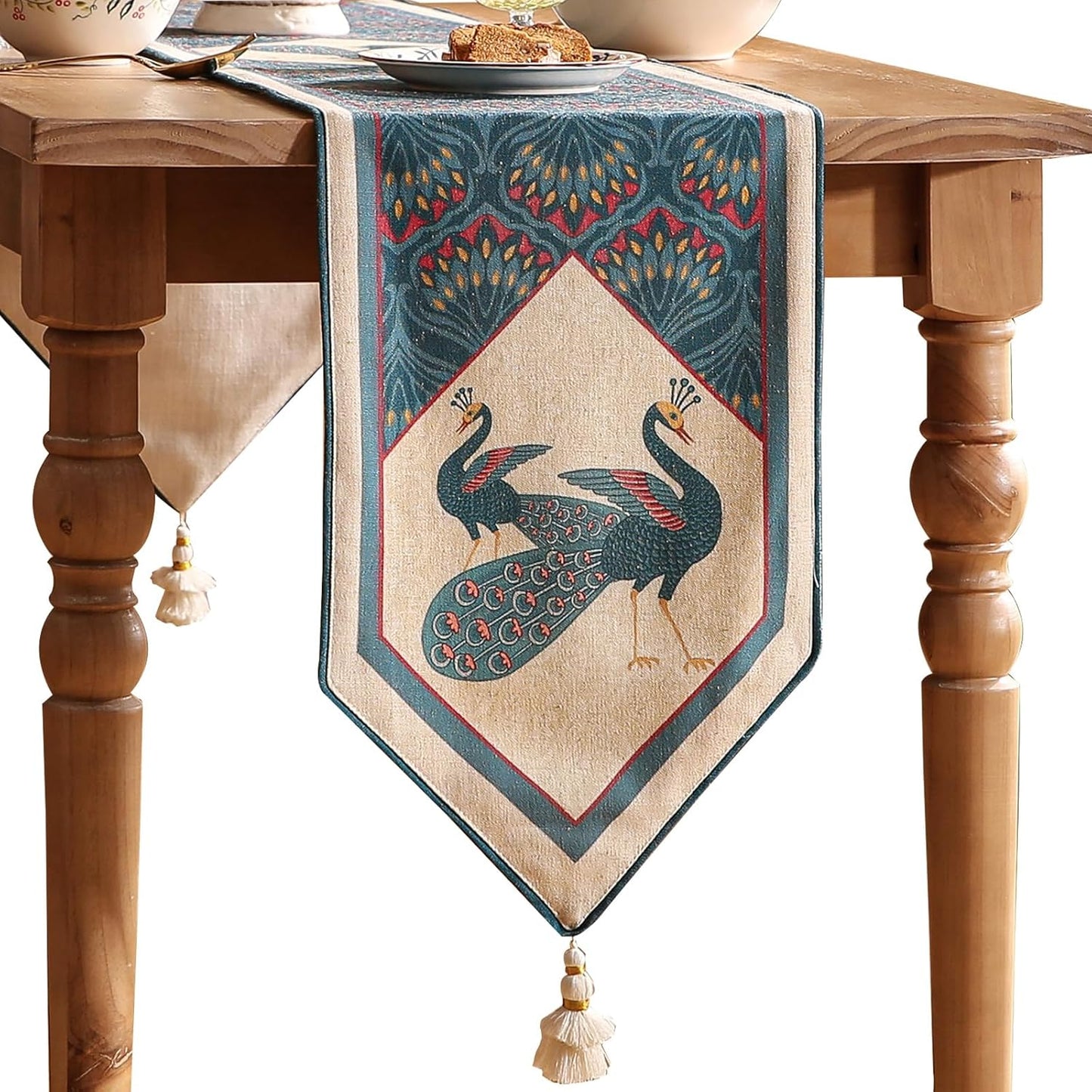 Vintage Blue Peacock Table Runner for Table,Decorative Linen 87 Inches Long Table Runners,Cheesecloth Decor Tabletop for Kitchen,Dining,Tea Party,Home,Christmas,12"*87"