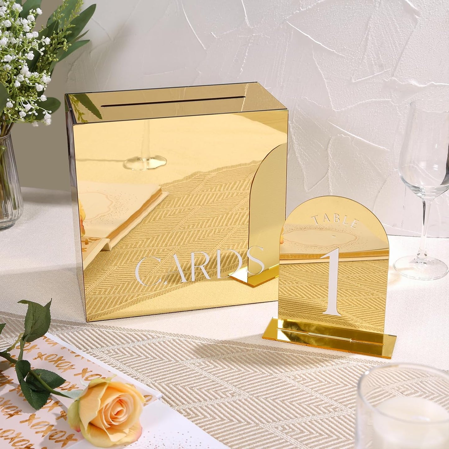 UNIQOOO 10 Pack Acrylic 5x7 Gold Mirror Arch Table Sign for Wedding with Holders, 1/8 in Thick, DIY Blank Arch Sign Sheet Perfect for Decoration, Party,Anniversary, Event, Stand Included