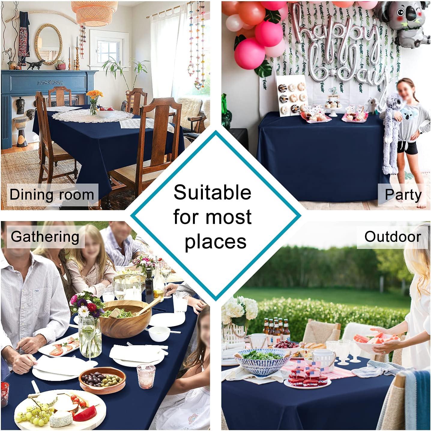 Hiasan Waterproof Tablecloth Rectangle - Washable Fabric Table Cloth for Dining Room Kitchen Birthday Party and Outdoor Use, Navy Blue, 60 x 140 Inch