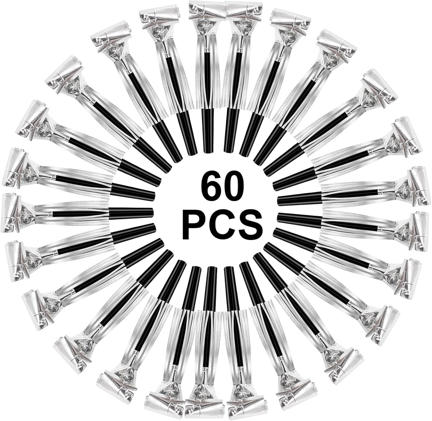 60 Packs Silver Noise Makers, Metallic Fringed Party Blowers, Horns Musical Blowouts Whistles for Birthday Party, Sporting Events, Graduation, Party Favor Supplies Adults