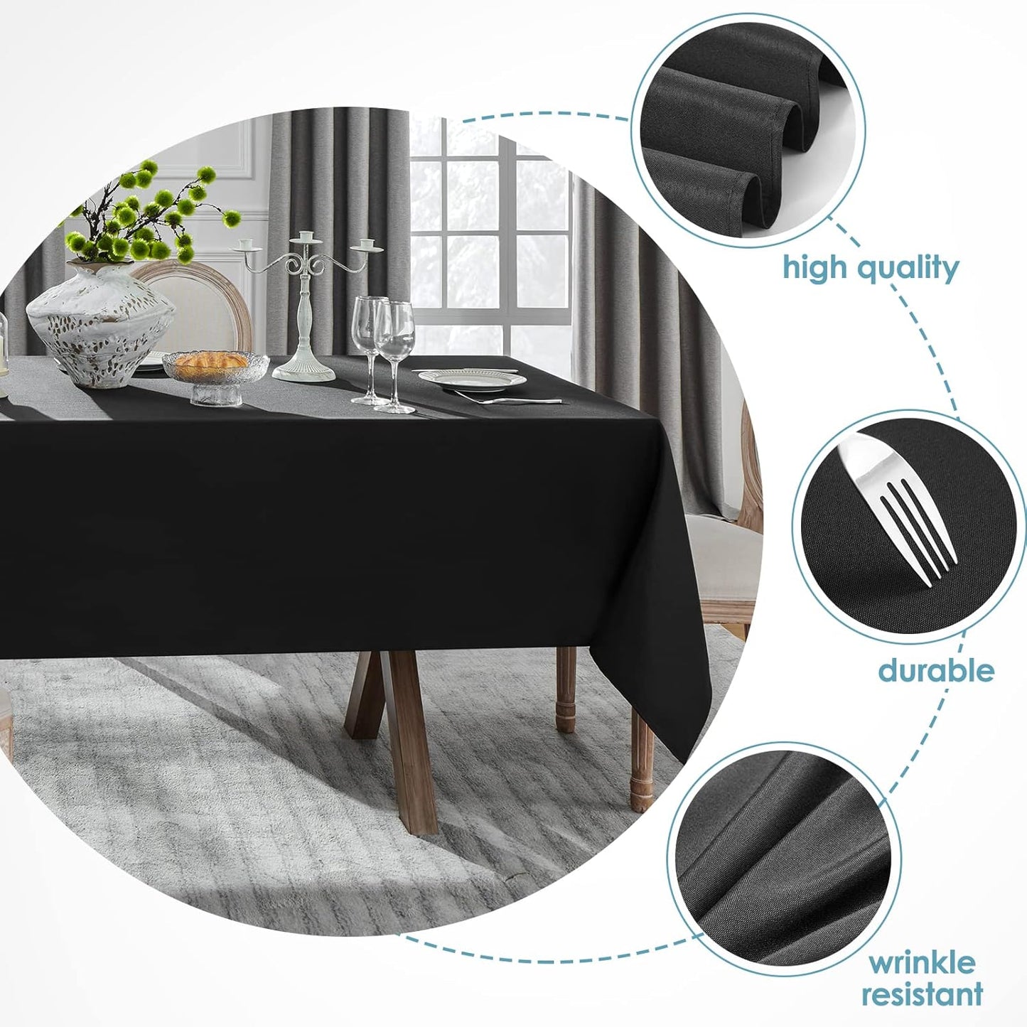 VidaFete 60*84inch Rectangle Tablecloth Polyester Table Cloth，Stain Resistant and Wrinkle Polyester Dining Table Cover for Kitchen Dinning Party Wedding Rectangular Tabletop Buffet Decoration(Black)