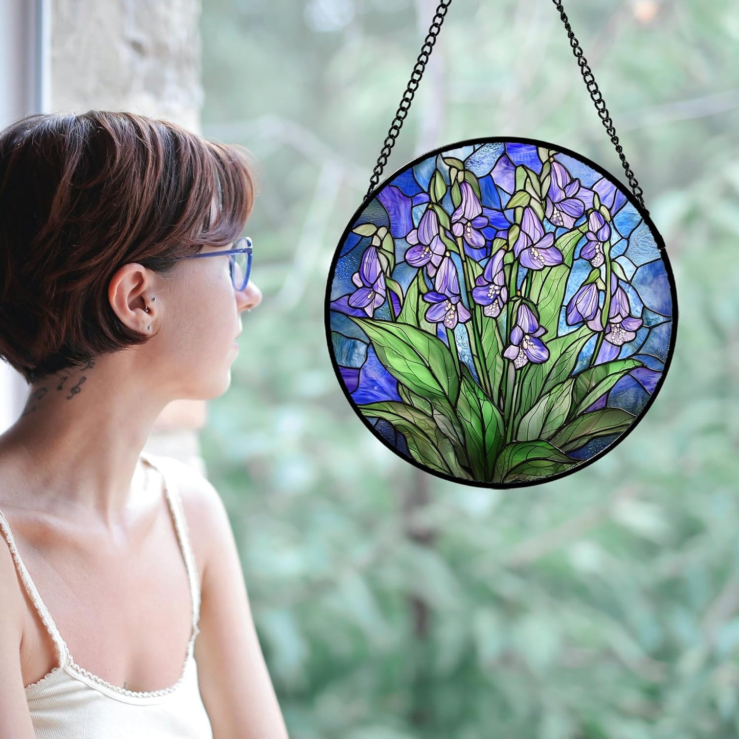 Stained Glass Suncatcher, Blue Purple Flowers Green Leaves Sun Catcher Plants Stain Glass Window Hanging Decoration Mother's Day Birthday Gifts for Women Men Mom and Nana 9.8 in