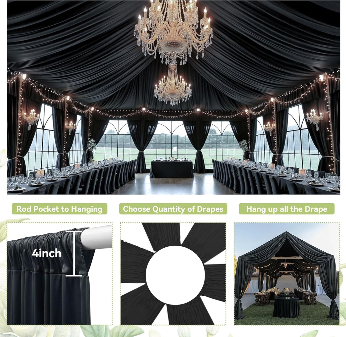 PartyVillage 12 Panels 5ftx30ft Black Ceiling Drapes for Halloween Parties – 30 FT Extra Long Thick Polyester Wrinkle-Free Drapery Tent Decor Decorations for Birthday Party Ceremony Stage Swag