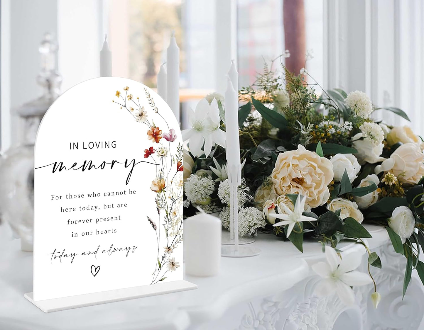 Boho Floral In Loving Memory Sign, 6 x 8 Inch White Arch Acrylic Wedding Sign with Holder, Wedding Sign for Ceremony and Reception, Wedding Decoration, Wedding Supplies - BX04