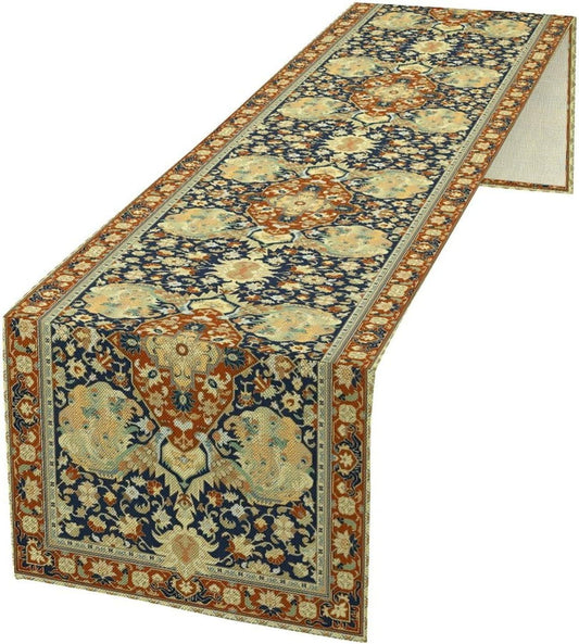 Vintage Boho Floral Table Runner, Elegant Luxurious Rustic Country Farmhouse Navy Blue Gold Retro Flower Pattern for Home Kitchen Table Decor Dining Coffee Room Party Decor 13x60in