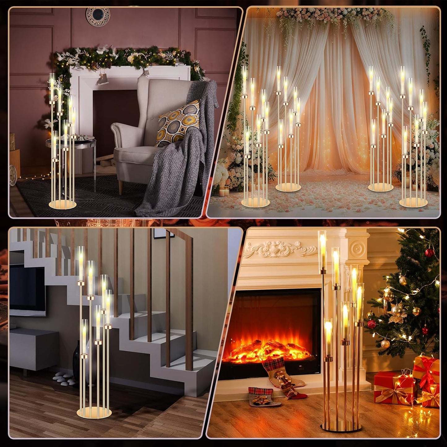 Tandefio 4 Sets Acrylic Candelabra Centerpieces 46.5'' Tall Clear Candle Holders Pillar Taper Candlestick with Lampshades 6 Arm Floor Candelabra Stand for Wedding Christmas Ceremony Dinner Party