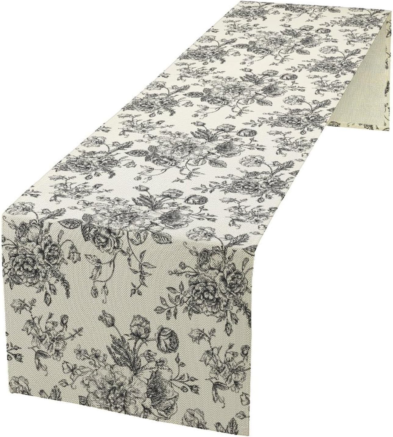 Vintage Flower Table Runner, Black White Wildfloral Floral Sketch Print Kitchen Dinning Table Runner for Indoor Outdoor Home Wedding Party Holiday, 13x120 Inch