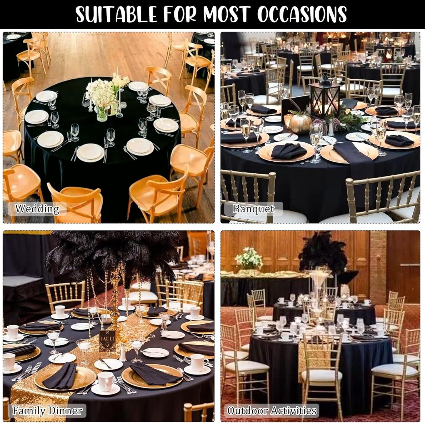 8 Pack Premium Round Tablecloth 120 Inch Round Table Covers Washable Polyester Fabric Round Table Clothes for Wedding Party Reception Banquet Buffet Restaurant (Black, 120 Inch)