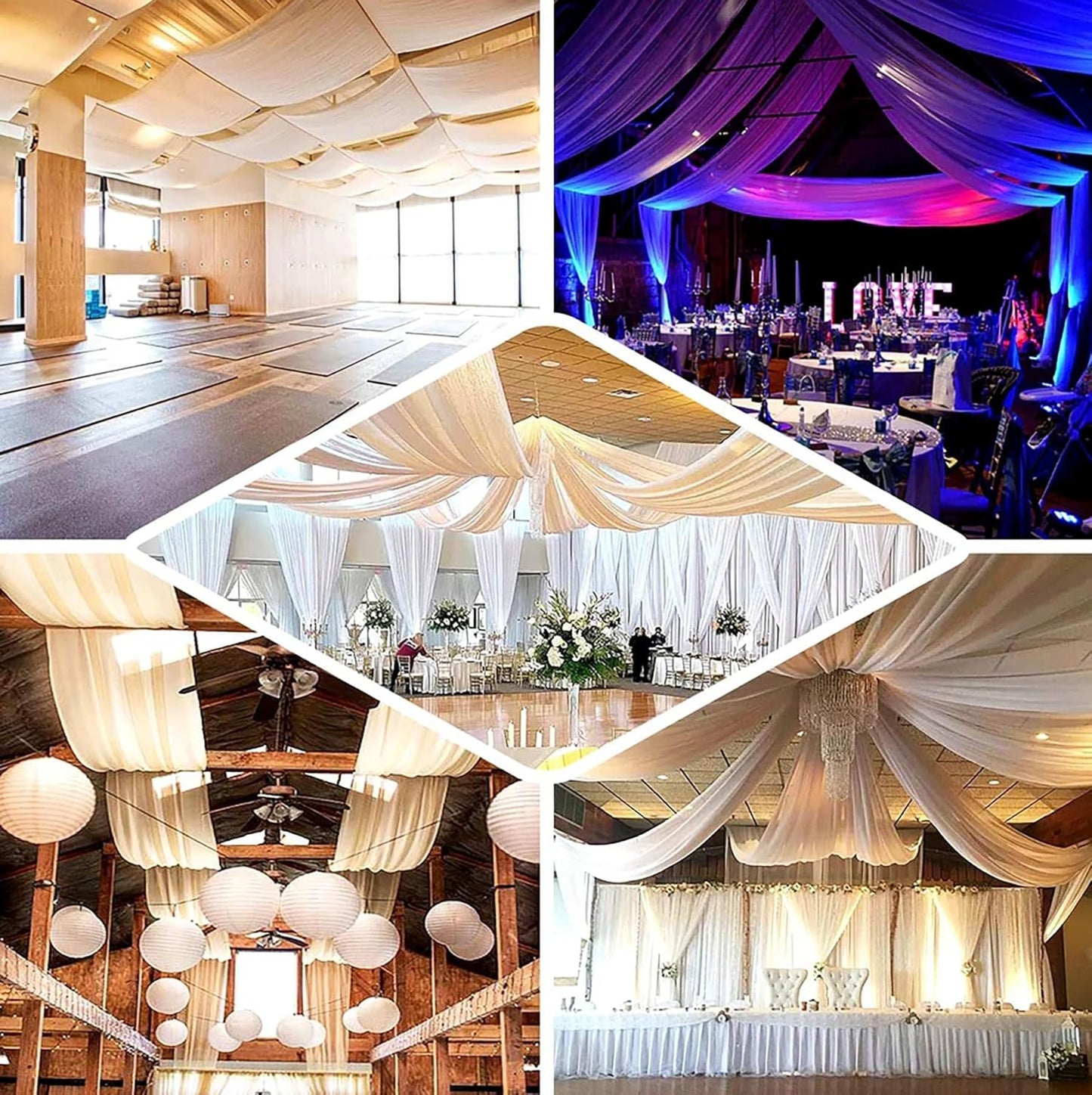 PartyVillage 60ftx40ft White Ceiling Curtain for Wedding Parties – 12 Panels Wrinkle-Free 40 FT Long Tent Draping Curtains for Wedding, Birthday & Theme Parties, 40ft Height with Rod Pocket