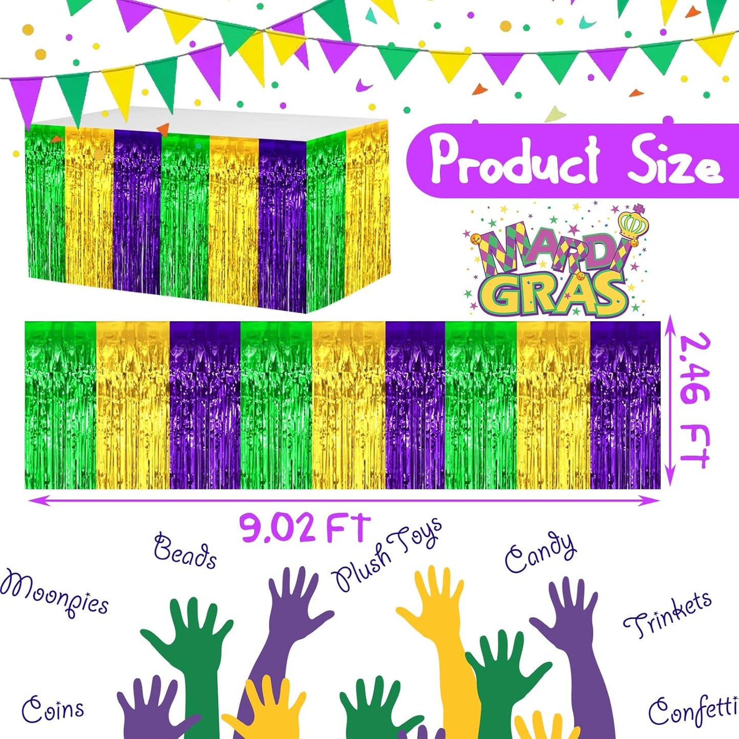 4 Pack 29x108 Inch Mardi Gras Metallic Foil Fringe Tinsel Table Skirts for Rectangle Tables Streamer Backdrop for Wedding, Birthday, Parade Floats, Valentine's Day Party Decoration(Gold Green Purple)