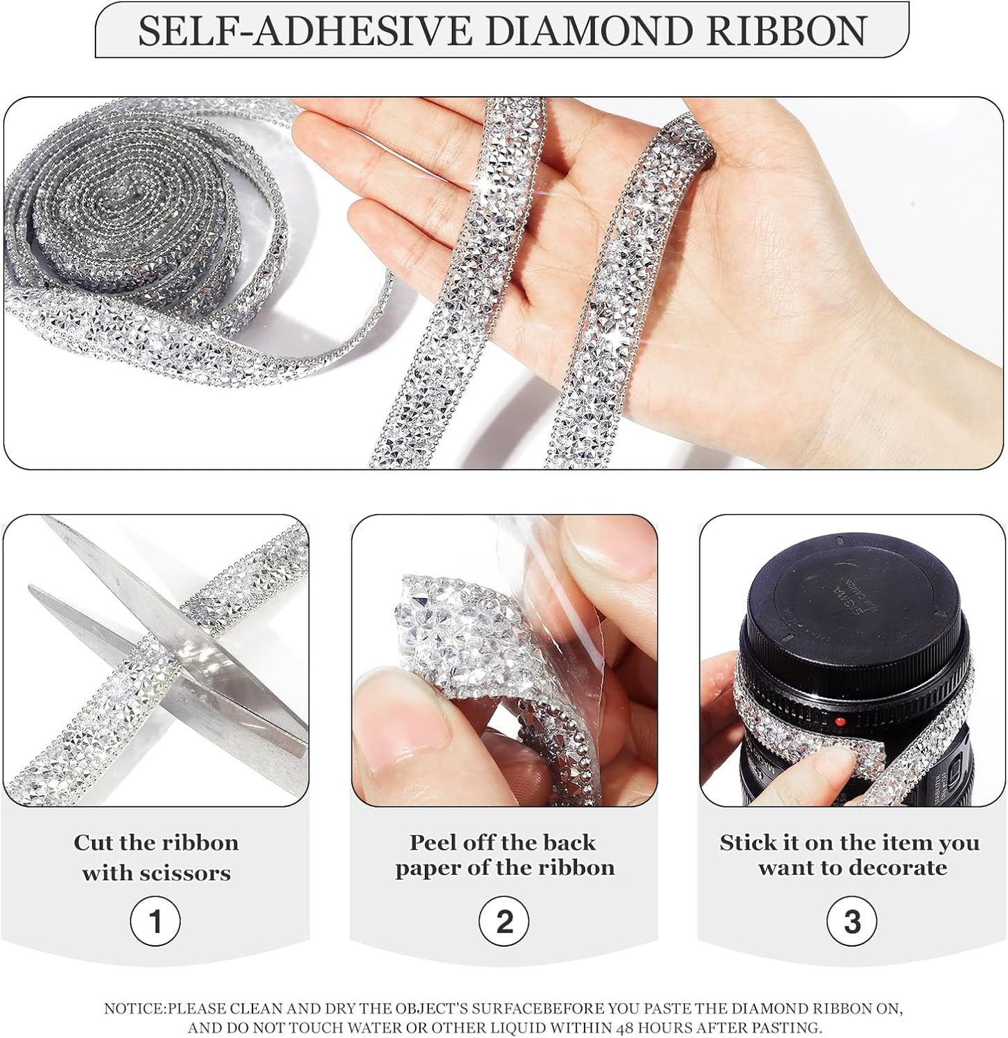 Rhinestone Ribbon 6 Yards Self Adhesive Rhinestone Strips Diamond Ribbon Sticker Crystal Roll Glitter Bling Rhinestones Tape for Crafting DIY Art Decoration (Silver,0.4 Inch)