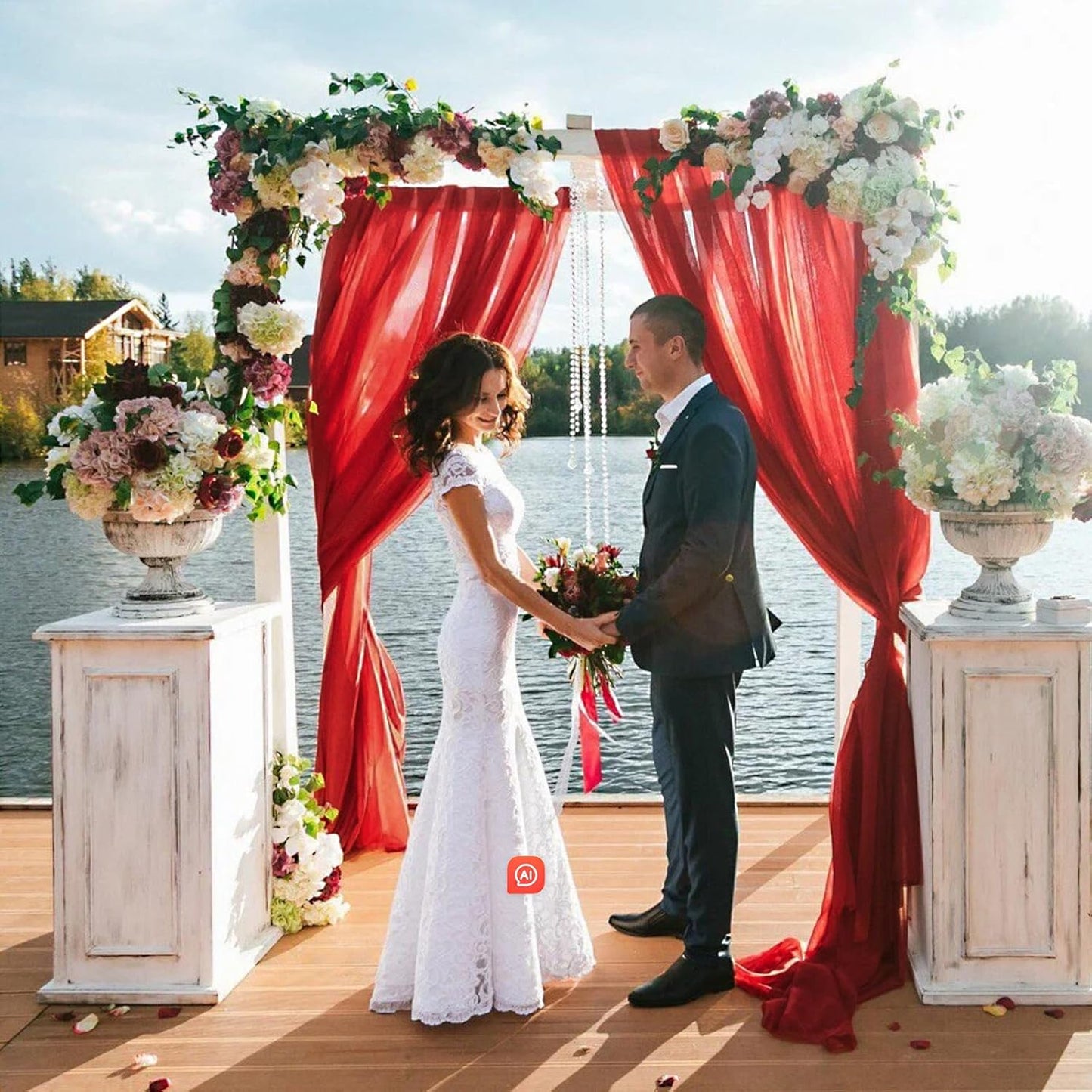 VOK Red Wedding Arch Draping Fabric 29in x 18Ft 4 Panels Sheer Chiffon Curtain Drapes Extra Long for Outdoor Wedding Ceremony Birthday Party Decoration