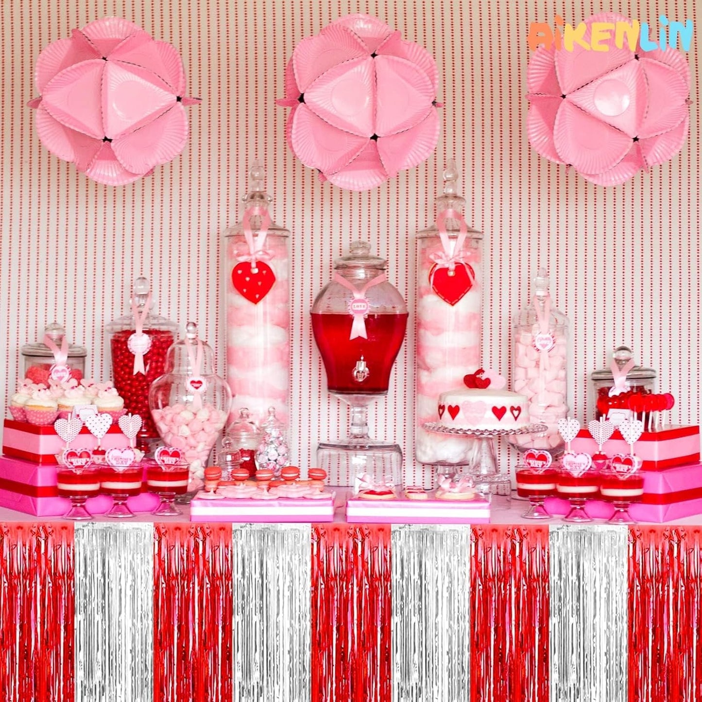 6 Pack 29x108 Inch Red Silver Metallic Foil Fringe Tinsel Table Skirts for Rectangle Tables Streamer for Wedding, Parade Floats, Circus Welcome Carnival Birthday Valentine's Day Party Decoration