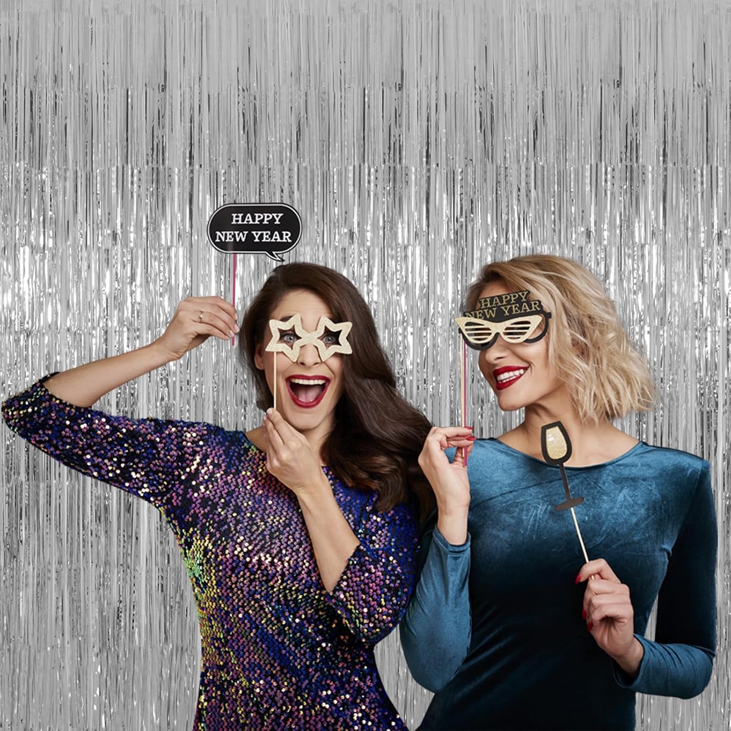 Silver Tinsel Fringe Backdrop Curtains for Parties, Melsan 3.2 x 8 ft Foil Streamer Disco Party Decorations Photo Booth for Birthday, Engagement, New Year Eve, Pack of 2