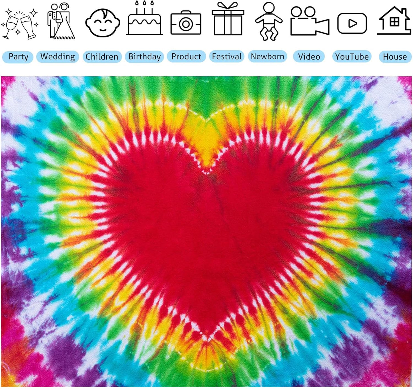 Hippie Backdrop 12x10ft 60s 70s Backgrounds Tie Dye Theme Party Decorations Hippie Supplies Photo Booth Props