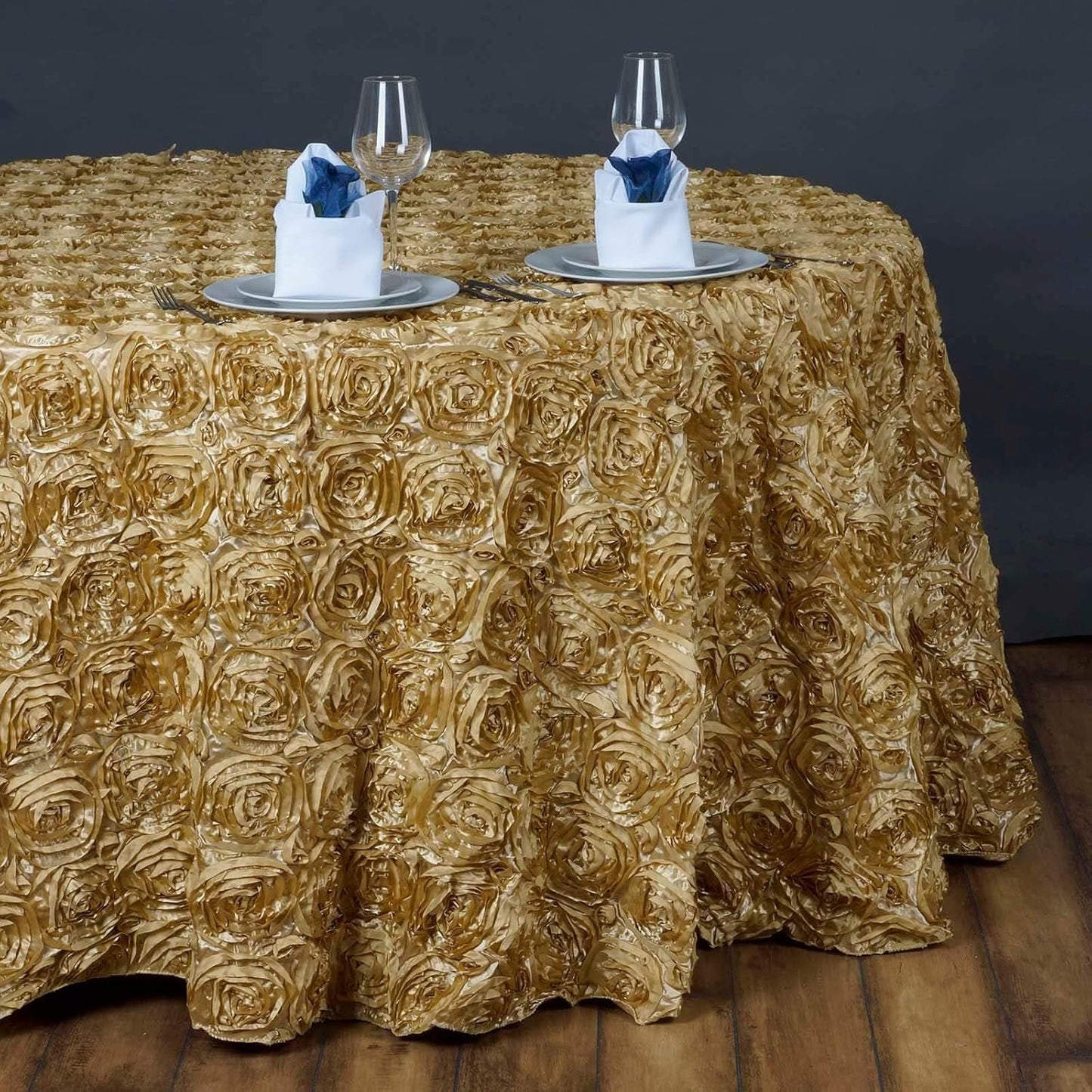 Efavormart 132" Wholesale Round Table Cover Champagne Grandiose Rosette 3D Satin Tablecloth for Wedding Party Event Decoration