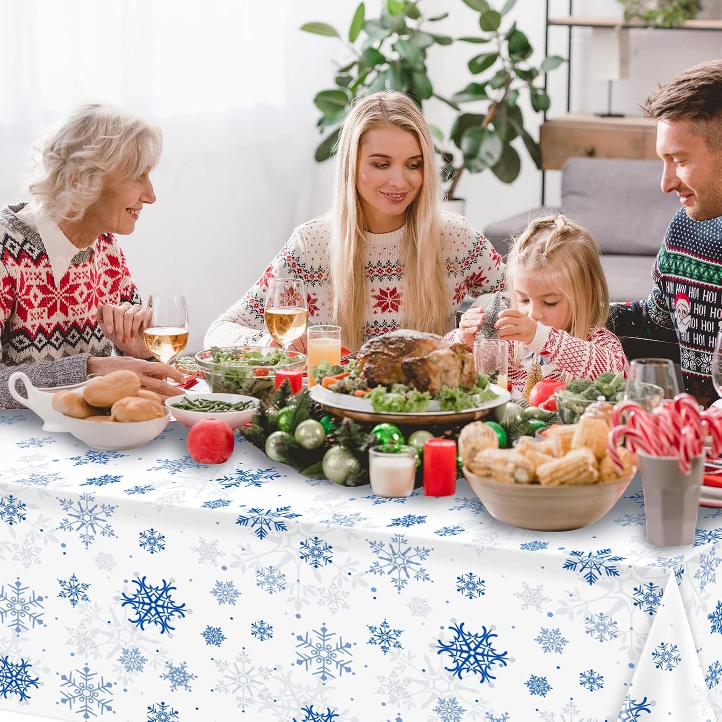 3 Pieces Snowflake Christmas Party Tablecloth Decorations,Plastic White Snowflake White Blue Xmas Backdrop Sign Table Cover Banner for Winter Christmas Holiday Party Supplies,54x108 inch（White/Blue）