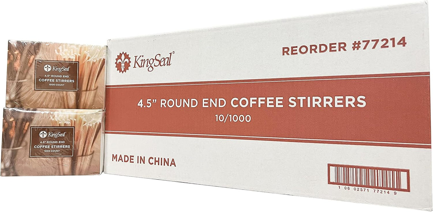 10,000 Count | KingSeal Natural Birch Wood Coffee Beverage Stirrers, Stir Sticks, Waxing Sticks, Popsicle Sticks, 4.5 Inches, Round End - 10 Boxes x 1000 Stirrers