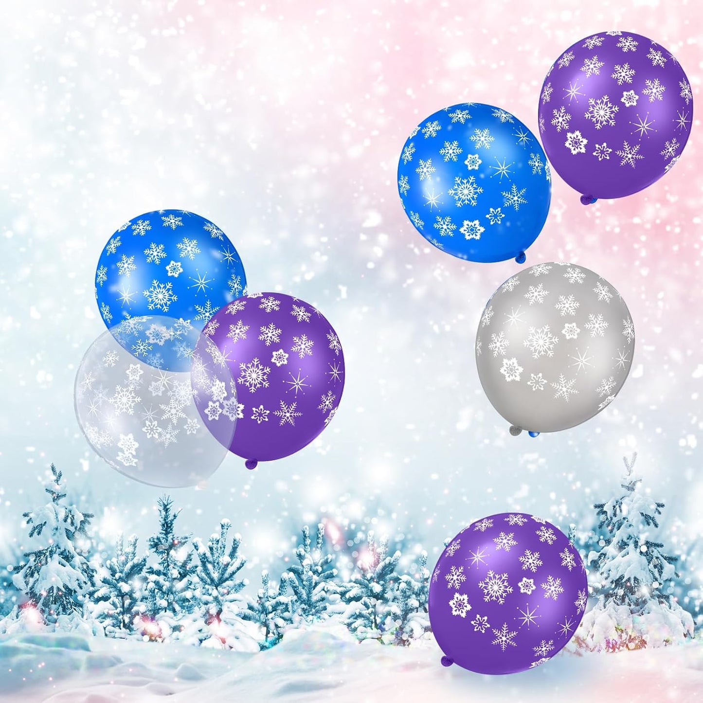 Skylety 40 Pieces Snowflake Balloons Bulk Winter Transparent Snowflake Latex Balloons for Christmas Birthday Wedding Party Decorations(Blue, Purple, Silver, Clear)