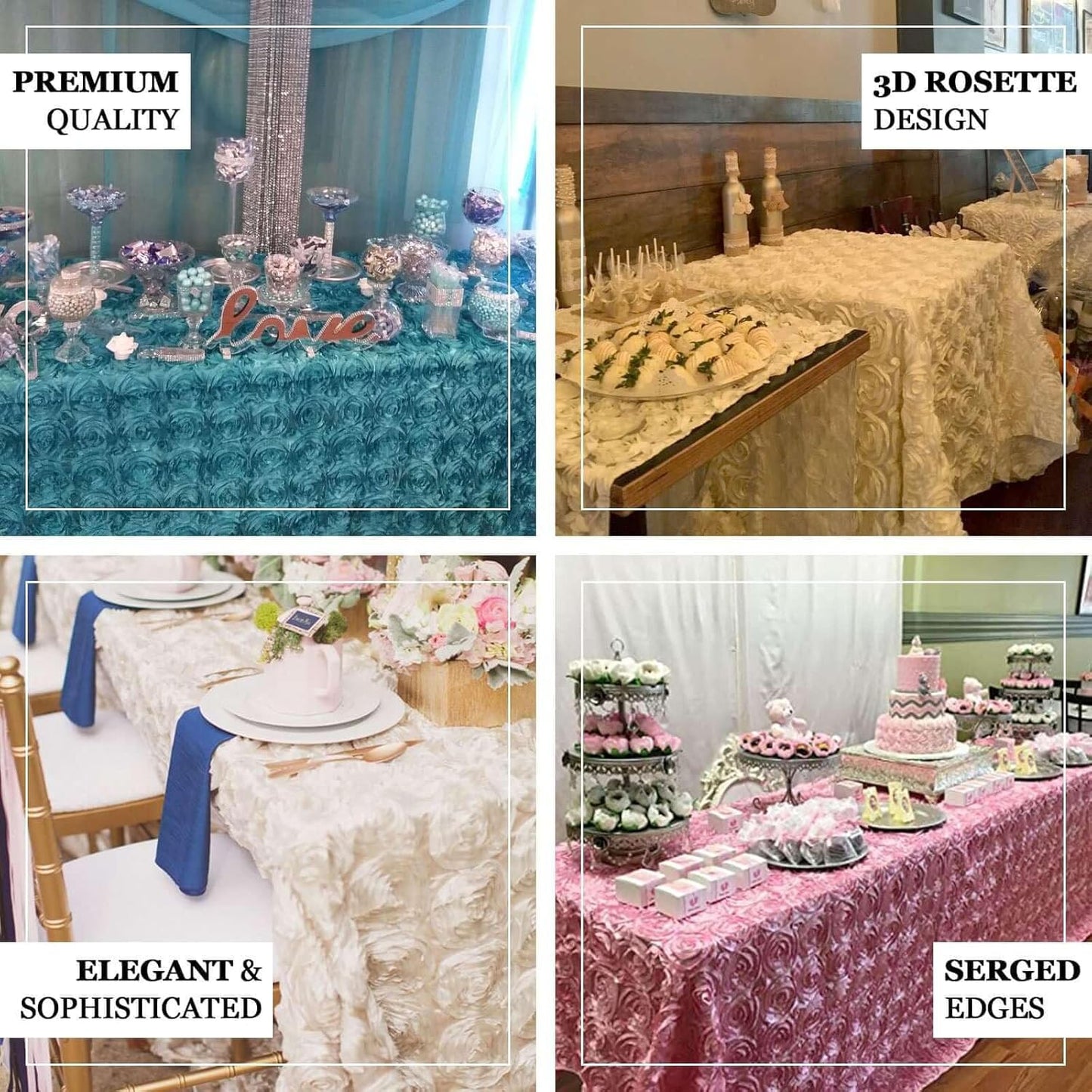 Efavormart 90"x156" Wholesale Rectangle Table Cover Black Grandiose Rosette 3D Satin Tablecloth for Wedding Party Event Decoration