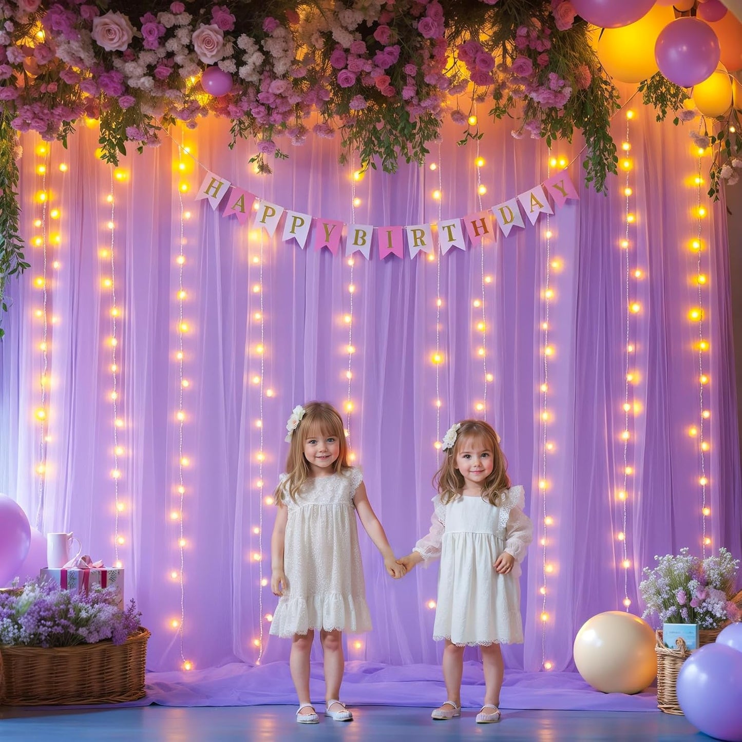 20x8ft Lavender Tulle Backdrop Curtains with Lights for Party Wedding Baby Shower, Sheer Drape Backdrop Curtains for Birthday Party Photo Booth Background Decoration