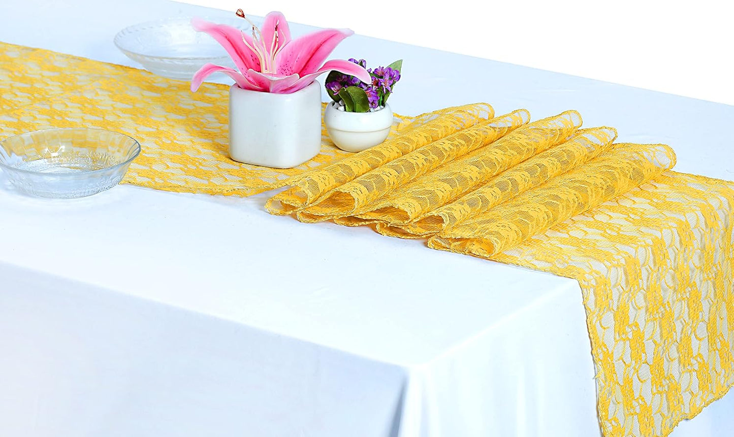 MDS Pack of 25 Wedding 12 x 108 inches Lace Table Runner for Wedding, Decorations for Birthday Parties, Banquets, Graduations, Engagements, and Runners fit Rectangle, Round Table- Yellow Gold