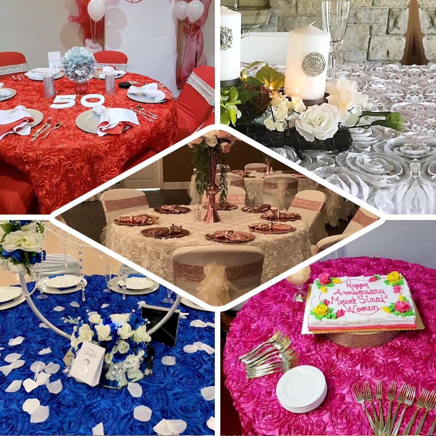 Efavormart 120" Wholesale Round Table Cover Fushia Grandiose Rosette 3D Satin Tablecloth for Wedding Party Event Decoration
