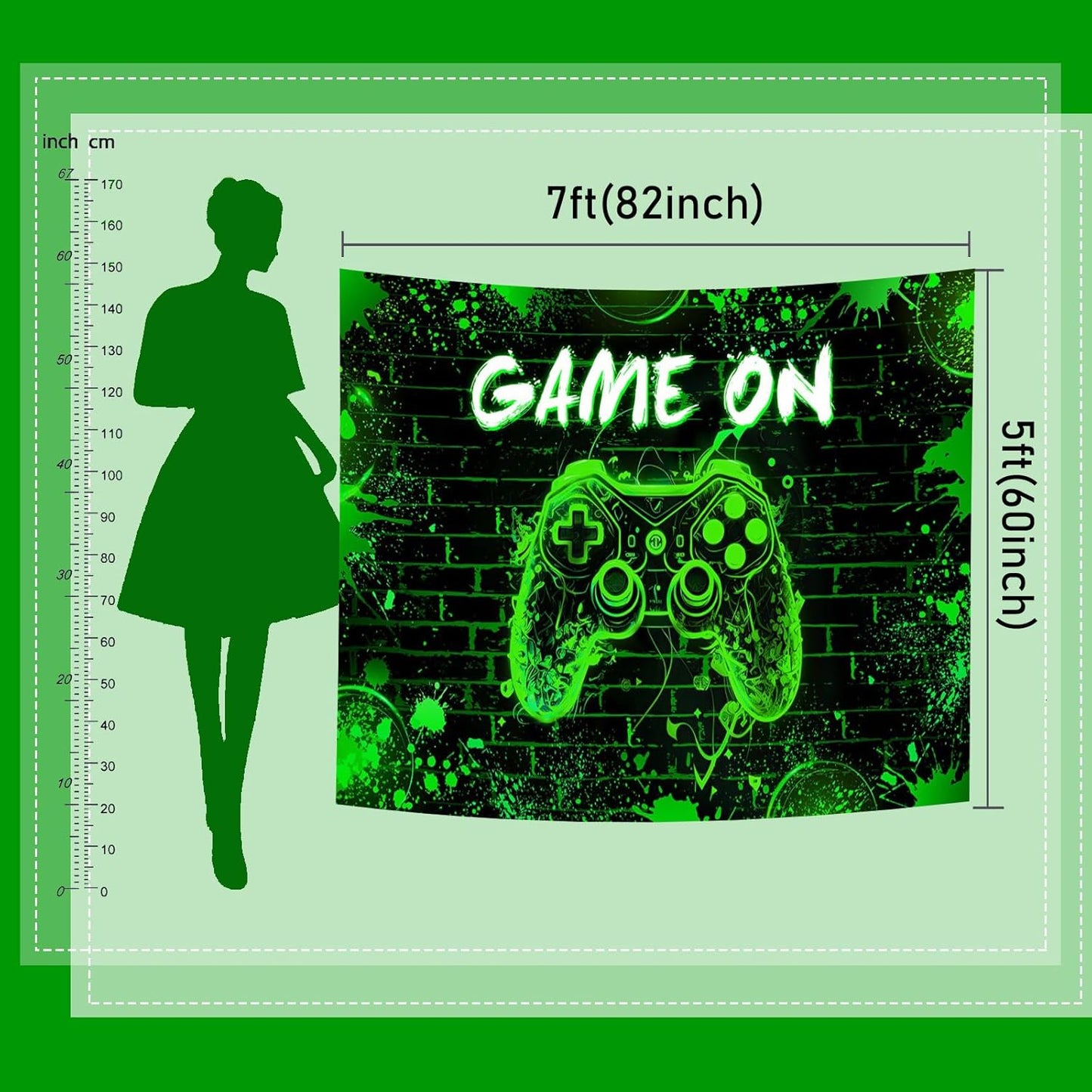 Mocsicka Game On Backdrop Video Game for Boys Level Up Birthday Party Decoration Game Night Arcade Neon Glow Gamer Banner Photography Background (Green, 7x5ft(82"x60"))