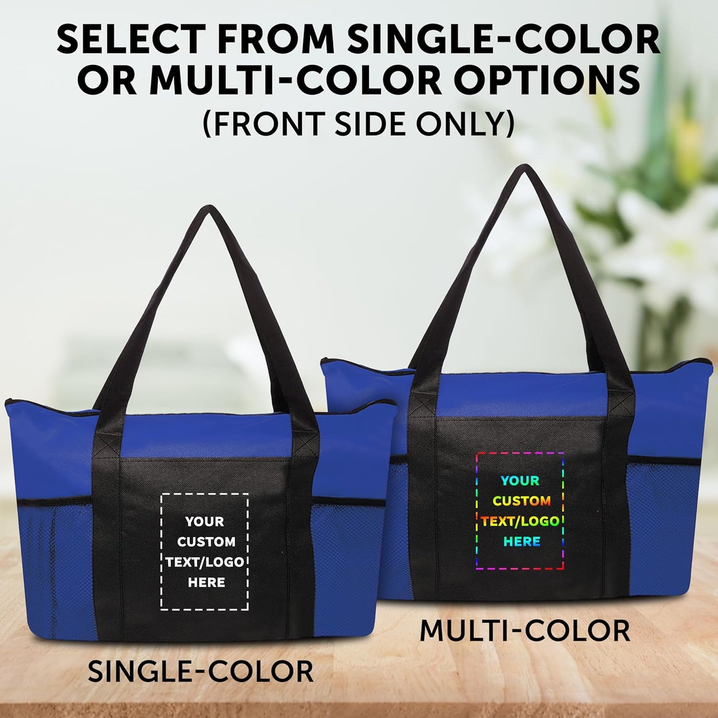 DISCOUNT PROMOS 50 Zippered Non-Woven Tote Bags Set - Customizable Text, Logo - Mesh Pocket, Zippered, Recyclable, Reusable - Blue - 19"X14"X3", with Zipper