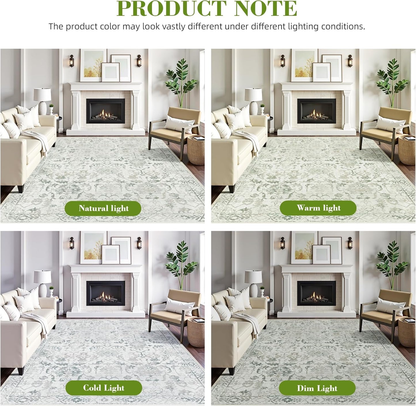 Green Vintage Area Rug 5x7 for Living Room Bedroom, Washable Distressed Farmhouse Soft Thin Non-Shedding Indoor Throw Rug, Traditional Accent Carpet for Bedroom Office
