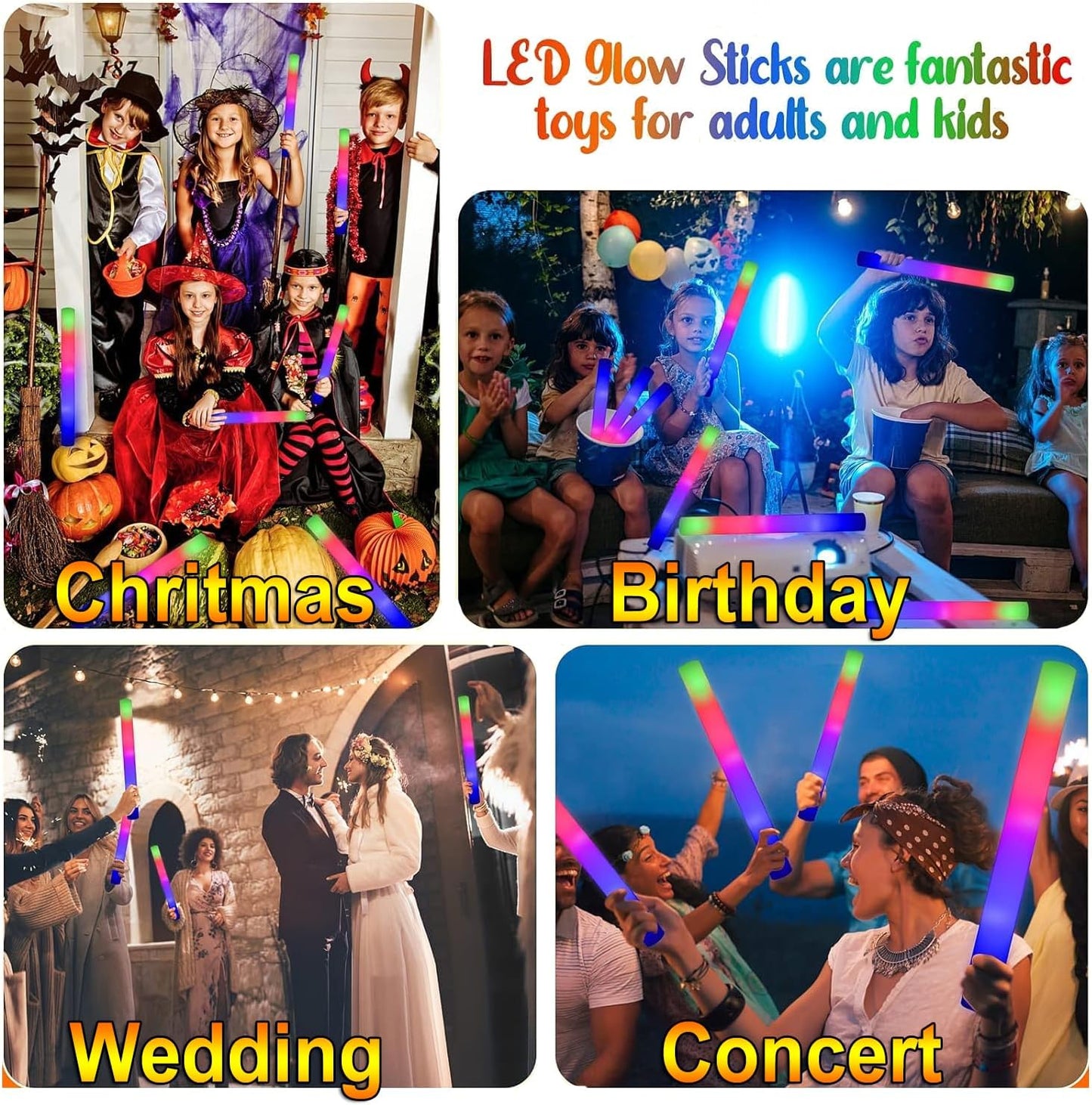 LifBetter Light Up Glow Sticks Bulk, LED Foam Sticks 112 pcs Glow in The Dark with 3 Modes Flashing Led Foam Multicolor Batons Light up Party Favors for Birthdays, Weddings, Concerts, Festivals