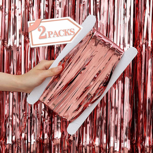 2 Pcs Rose Gold Metallic Tinsel Foil Fringe Curtains Backdrop, 3.28 ft x 6.56 ft Streamers for Birthday Wedding Engagement Bachelorette Party Photo Booth Bridal Shower Baby Shower Decorations Supplies