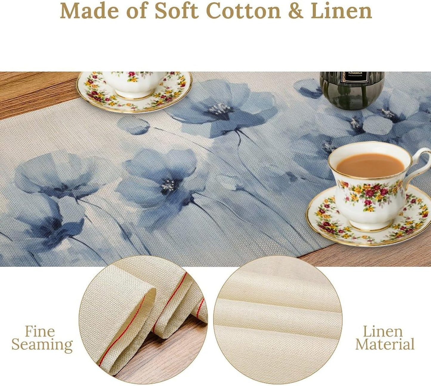 Abstract Floral Table Runner, Blue Poppy Flower Modern Art Print Kitchen Dinning Table Runner for Indoor Outdoor Home Wedding Party Holiday, 13x60 Inch