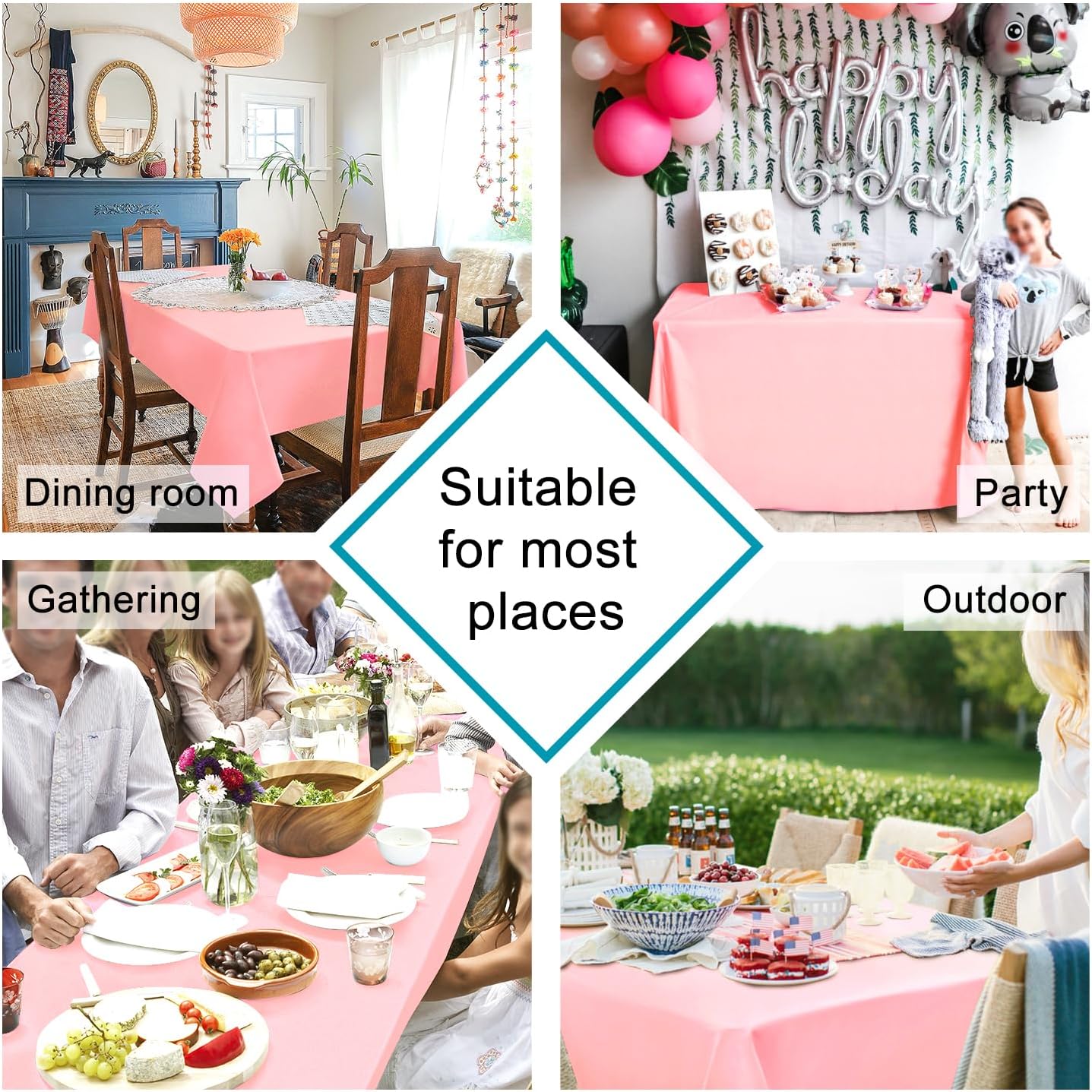 Hiasan Rose Pink Rectangle Tablecloth - Waterproof Washable Polyester Christmas Fabric Table Cloth for Buffect Dining Birthday Party Wedding, 54 x 80 Inch