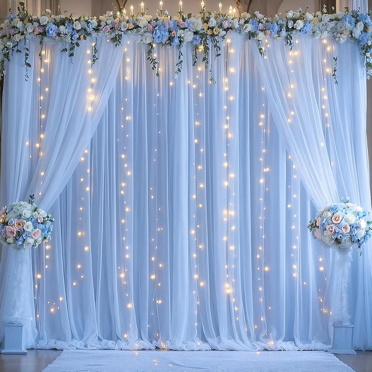 Blue Tulle Backdrop Curtains with Lights String for Parites Baby Shower 30×8ft Blue Sheer Backdrop Curtains Drapes for Bridal Shower Birthday Party Photo Shoot Background Decorations(6 Panels 5×8ft)