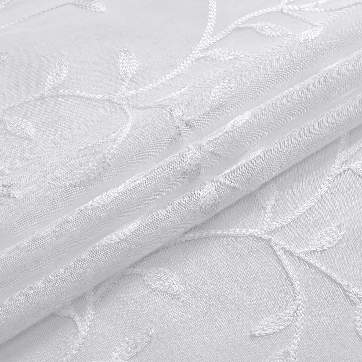 VISIONTEX White Sheer Voile Curtains, Decorative Leaves Embroidery Faux Linen Rod Pocket Window Drapes for Home Kitchen, Living Room and Bedroom 54 x 72 Inch, Set of 2 Curtain Panels