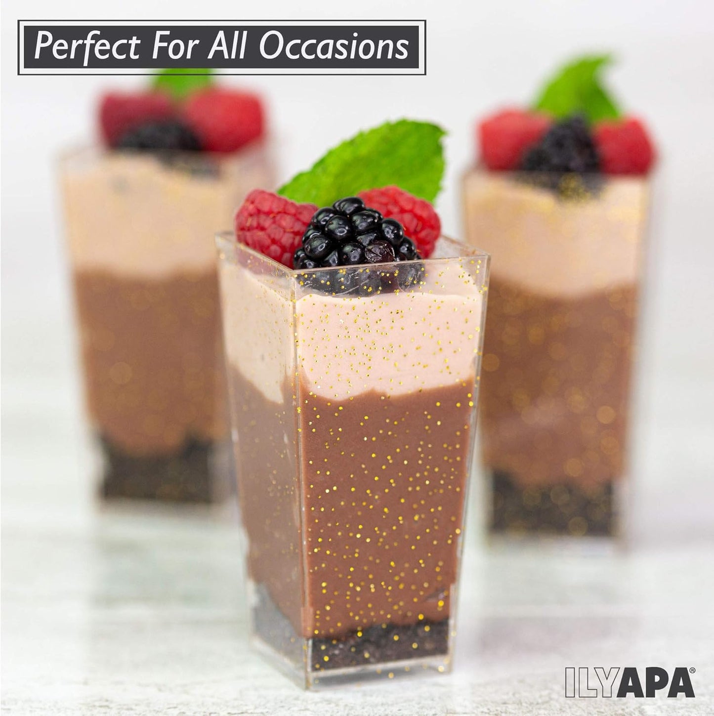 Ilyapa 3oz Plastic Dessert Cups - 100 Pack Mini Dessert Cups with Spoons - Clear Reusable Small Appetizer Cup for Cheesecake Shooters, Chocolate Mousse - Party and Catering Supplies - Square Gold