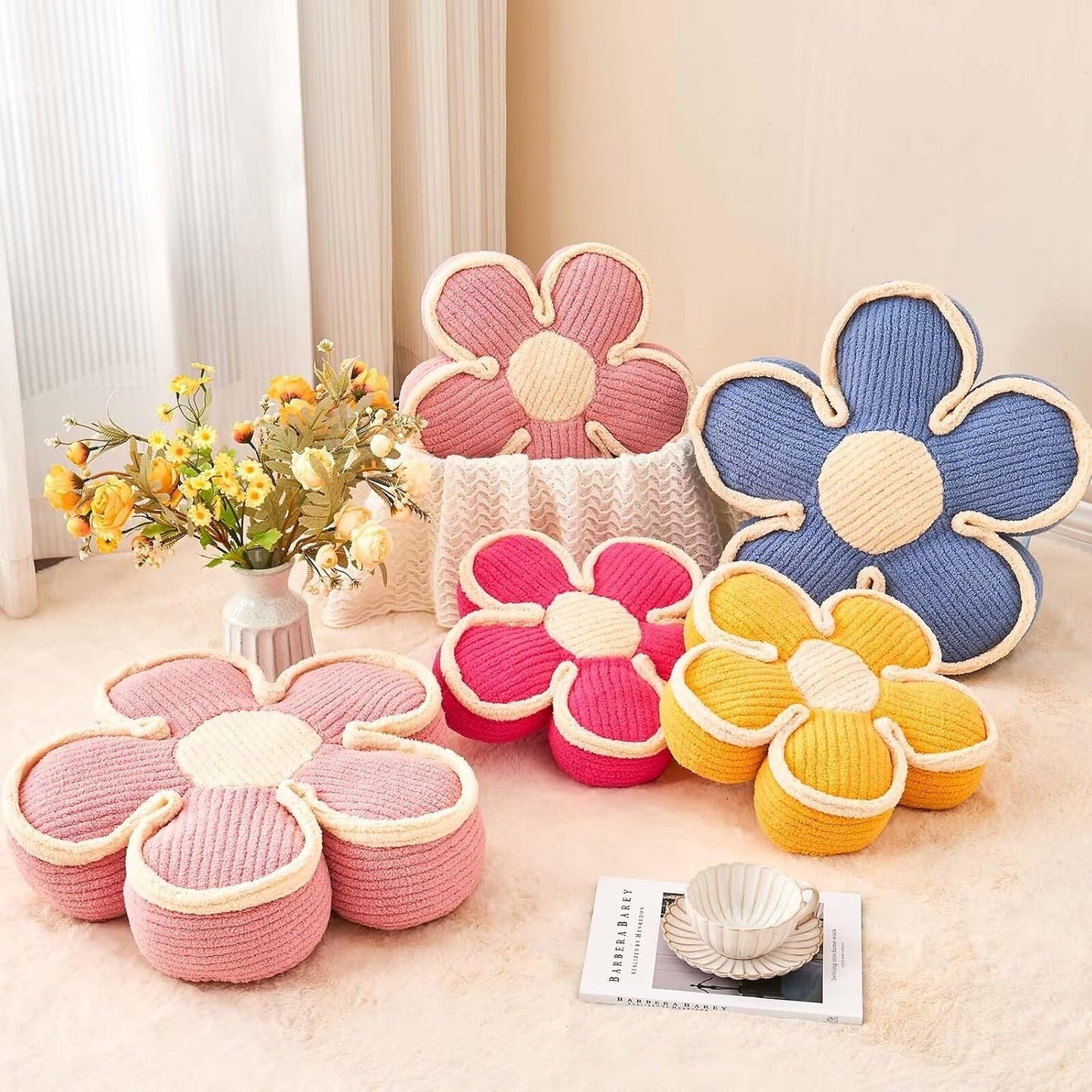 Flower Pillow, Soft Flower Shaped Floor Cushion, Decorative Throw Pillow, Cute Seating Cushion, Plush Pillow for Sofa Couch Bed (17.7 Inch, Pink)