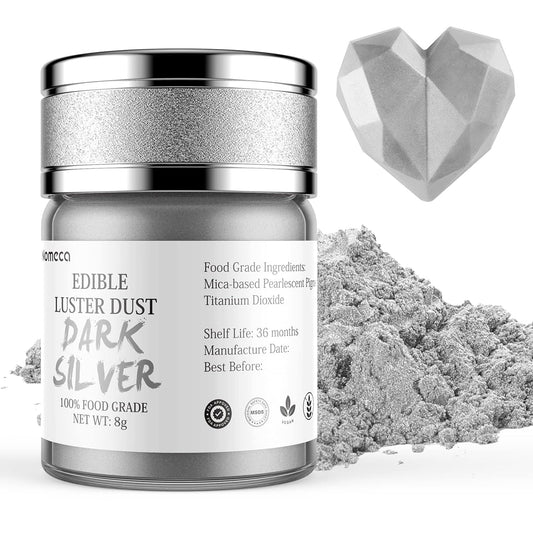 Nomeca Edible Luster Dust, 8 Grams Food Grade Shimmer Gold Cake Dust Metallic Food Coloring Powder for Cake Decorating, Baking, Fondant, Gumpaste, Chocolate, Candy, Drinks, Cookies - Dark Silver