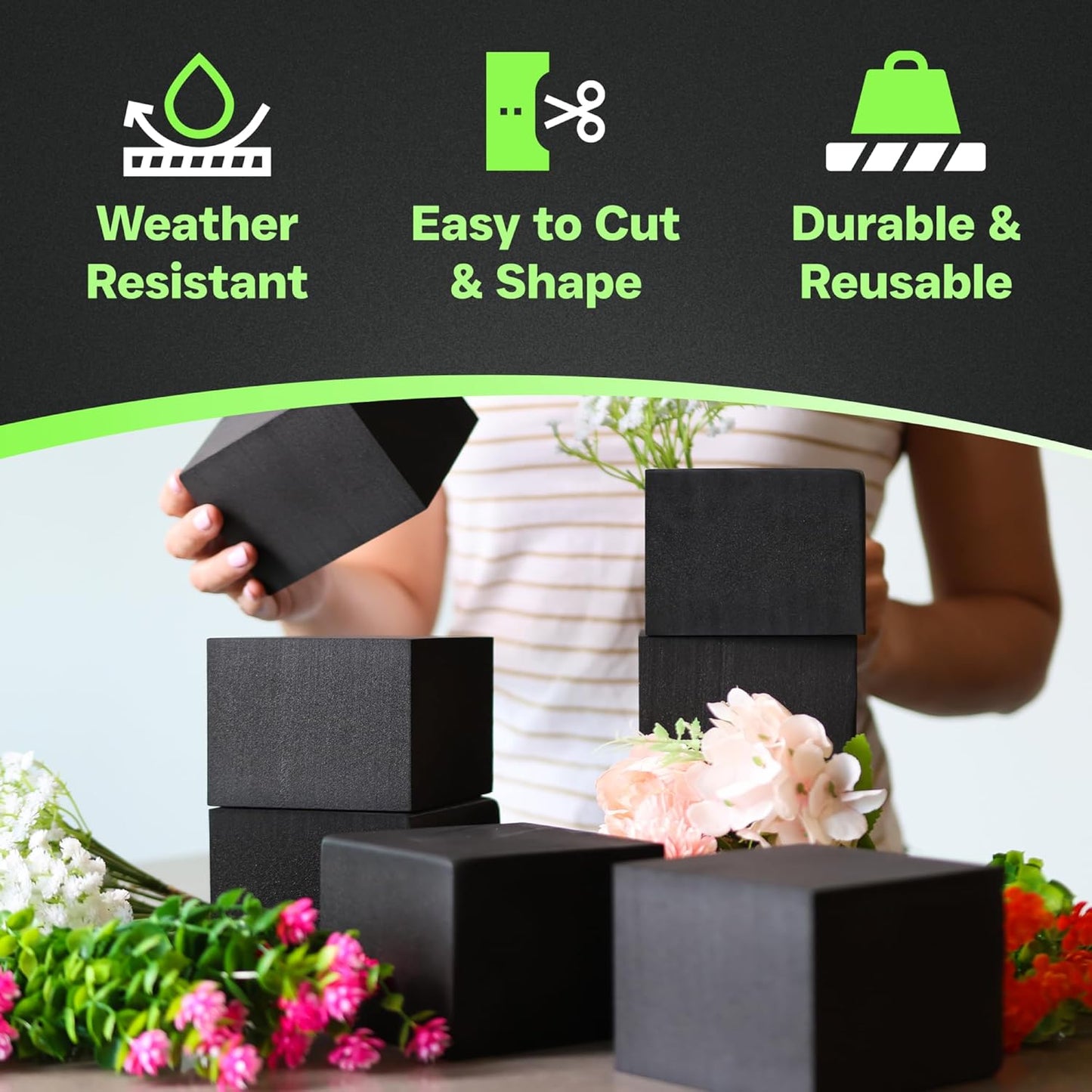 XCEL Floral Foam Blocks - Reusable, Weather Resistant Foam - Perfect for Fresh & Artificial Flower Arrangements, Crafts, Planter Boxes, Home Decor & More - 8-Pk, Gray (4” x 4” x 3”)