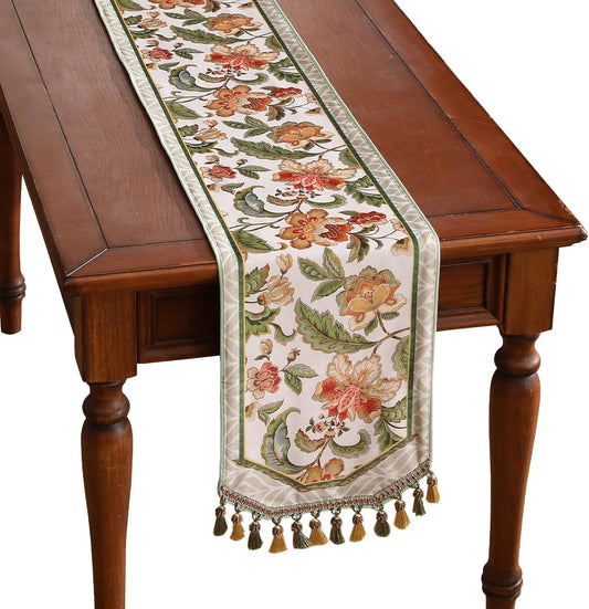 patdrea Designer Elegant French Floral Velvet Table Runner, Fresh Green with Orange Blossoms Pattern Table Mat, Decoration for Kitchen Dining Coffee Table Cabinet Banquet Thanksgiving,12"*102"