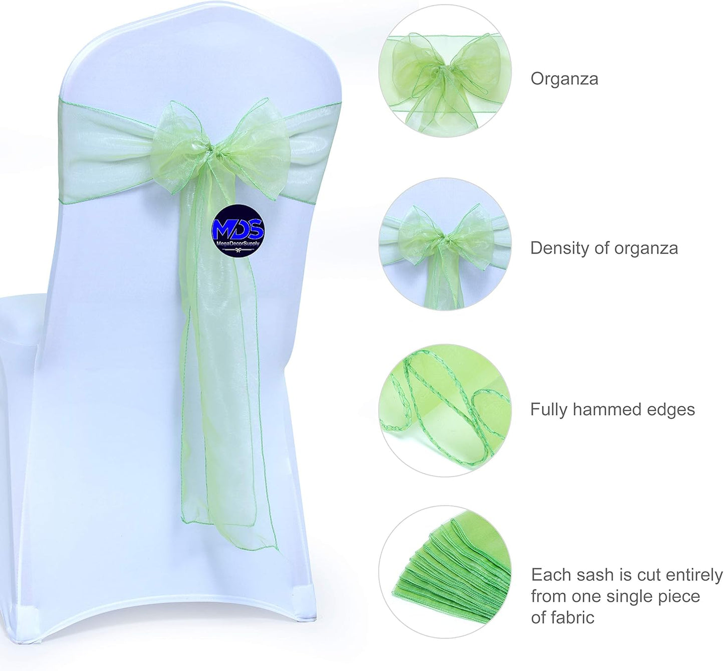 MDS Pack of 150 PCS Organza Chair Sashes Wider Dining Chair Bows Ribbon Tie Back for Wedding Party Birthday Bridal Shower Reception Event Banquet Home Chair Cover Decoration - Apple Green